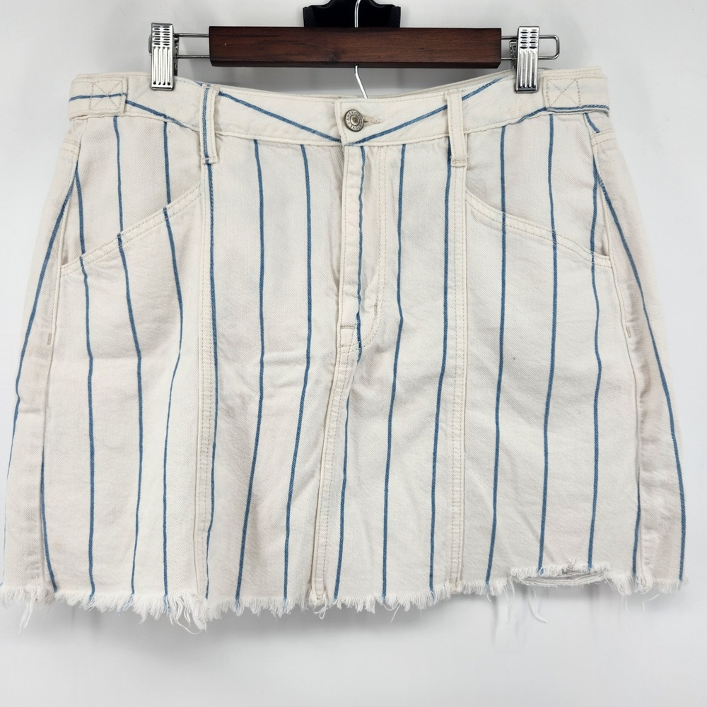 American Eagle Womens High Rise A-Line Denim Mini Skirt Cream Blue Stripe Sz 14